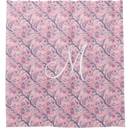 Monogram Roze Blauw Toile Chinoiserie Floral Douchegordijn (Voorkant)