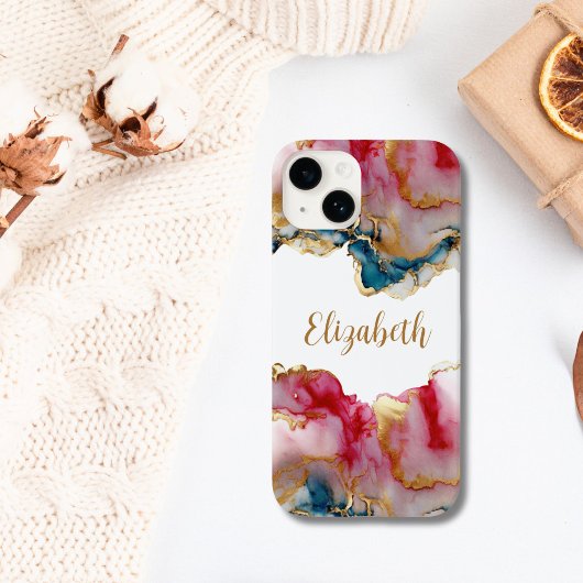 Monogram Roze blauwe goudwas Waterverf Abstract Case-Mate iPhone Case