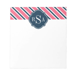 Monogram roze blauwe streep patroon notitieblok
