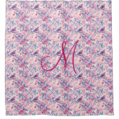 Monogram Roze Blauwe Vogels Floral Toile Chinoiser Douchegordijn (Voorkant)