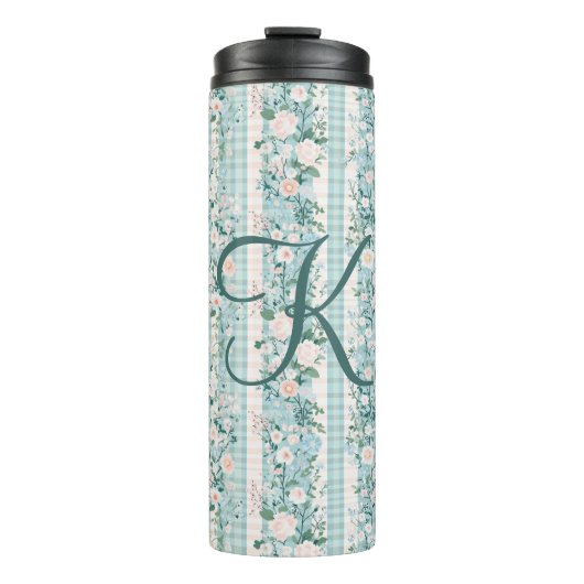 Monogram Roze Blauwe Waterverf Bloemen Gingham Thermosbeker (Voorkant)