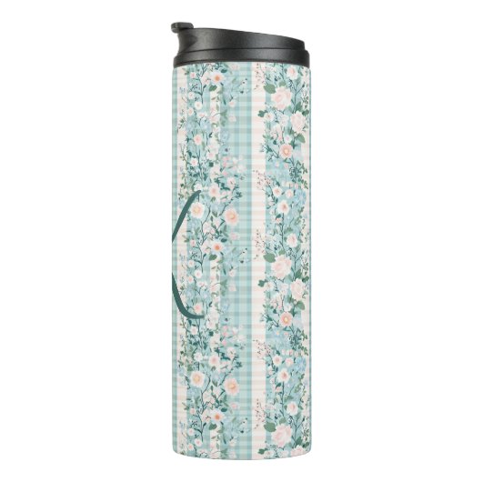 Monogram Roze Blauwe Waterverf Bloemen Gingham Thermosbeker (Geroteerd rechts)
