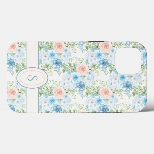 Monogram Roze Blauwe Waterverf Floral Case-Mate iPhone Case (Achterkant (horizontaal))