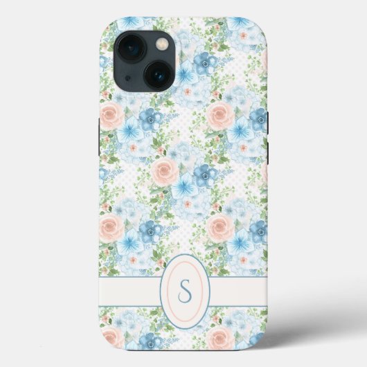 Monogram Roze Blauwe Waterverf Floral Case-Mate iPhone Case (Achterkant)