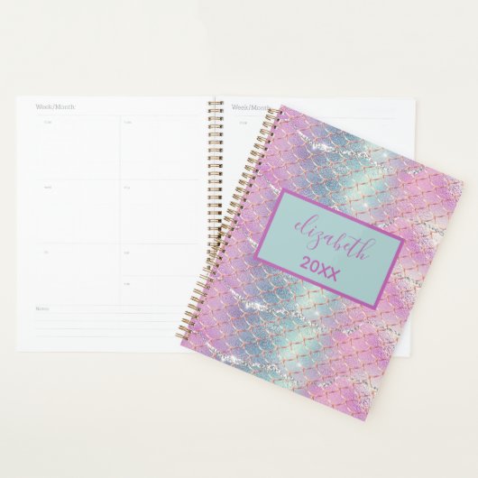 Monogram roze blauwe zilver Glitter Mermaid Scales Planner (Display)