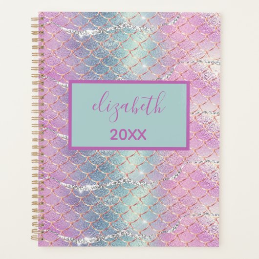 Monogram roze blauwe zilver Glitter Mermaid Scales Planner (Voorkant)