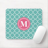 Monogram Roze Blauwgroen Blauw Quatrefoil Patroon Muismat (Met muis)