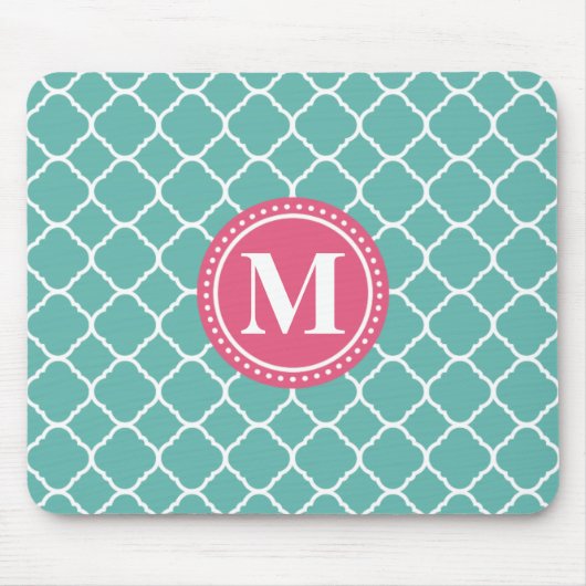 Monogram Roze Blauwgroen Blauw Quatrefoil Patroon Muismat (Voorkant)