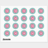 Monogram Roze Blauwgroen Blauw Quatrefoil Patroon Ronde Sticker (Vel)