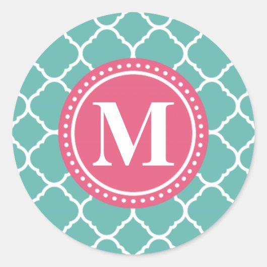 Monogram Roze Blauwgroen Blauw Quatrefoil Patroon Ronde Sticker (Voorkant)