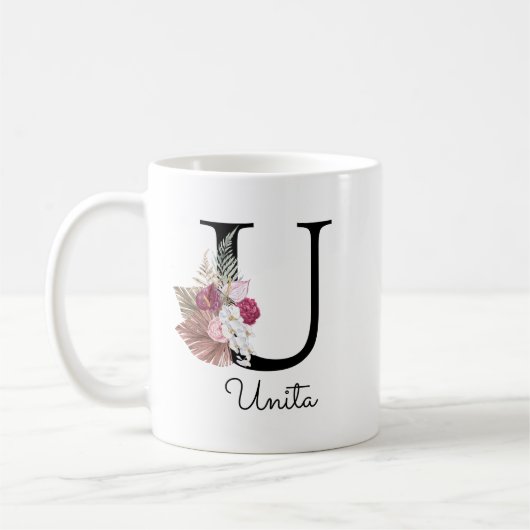 Monogram Roze Bloem Initial U Koffiemok (Links)