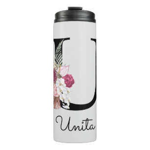 Monogram Roze Bloem Initial U Thermosbeker