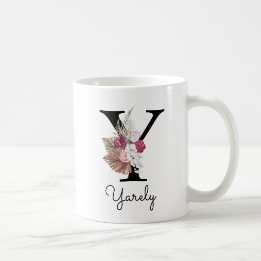 Monogram Roze Bloem Initial W Koffie Y Koffiemok (Rechts)