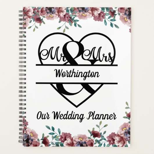 Monogram Roze Bloem Naam Hart Trouw Planner (Voorkant)