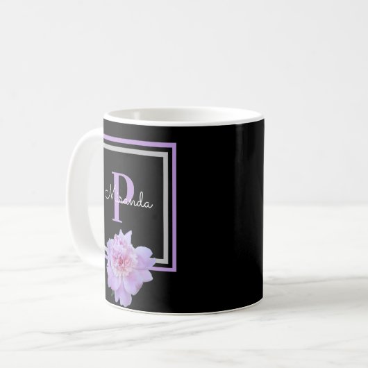 Monogram Roze Bloem Zwart Koffie Mok (Voorkant links)