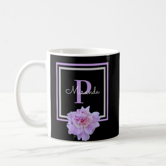 Monogram Roze Bloem Zwart Koffie Mok (Links)