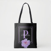 Monogram Roze Bloem Zwart Modern Tote Bag (Voorkant)