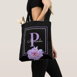 Monogram Roze Bloem Zwart Modern Tote Bag