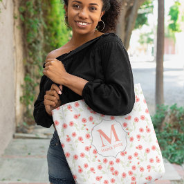 Monogram Roze Bloemen Aangepaste naam Tote Bag