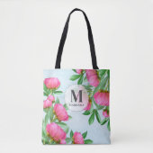 Monogram Roze Bloemen Aangepaste Pioenrozen Tote Bag (Voorkant)