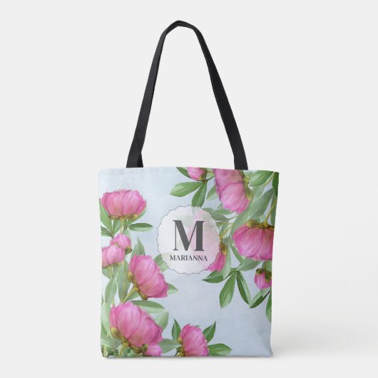 Monogram Roze Bloemen Aangepaste Pioenrozen Tote Bag (Achterkant)