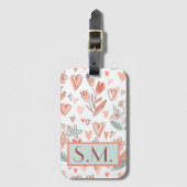 Monogram Roze Bloemen Boho Bagagelabel (Voorkant (verticaal))
