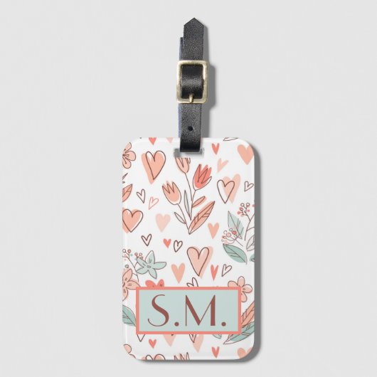 Monogram Roze Bloemen Boho Bagagelabel (Voorkant (verticaal))