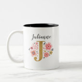 Monogram Roze Bloemen Initiaal Letter J Tweekleurige Koffiemok (Links)