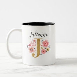 Monogram Roze Bloemen Initiaal Letter J Tweekleurige Koffiemok