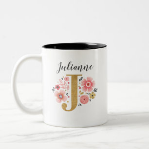 Monogram Roze Bloemen Initiaal Letter J Tweekleurige Koffiemok