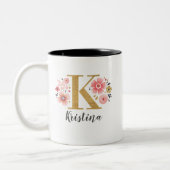 Monogram Roze Bloemen Initiaal Letter K Tweekleurige Koffiemok (Links)
