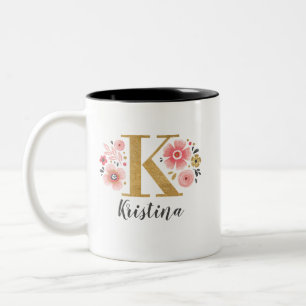 Monogram Roze Bloemen Initiaal Letter K Tweekleurige Koffiemok