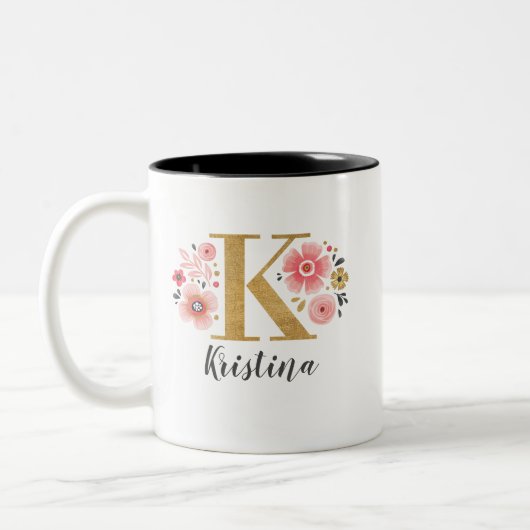 Monogram Roze Bloemen Initiaal Letter K Tweekleurige Koffiemok (Links)