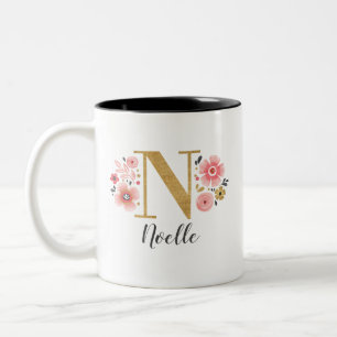 Monogram Roze Bloemen Initiaal Letter N Tweekleurige Koffiemok