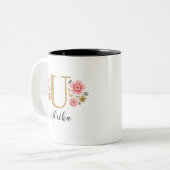Monogram Roze Bloemen Initiaal Letter U Tweekleurige Koffiemok (Voorkant links)