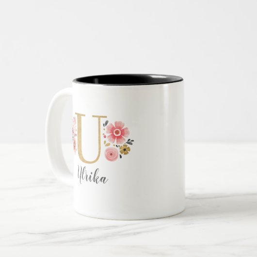 Monogram Roze Bloemen Initiaal Letter U Tweekleurige Koffiemok (Voorkant links)