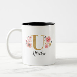 Monogram Roze Bloemen Initiaal Letter U Tweekleurige Koffiemok