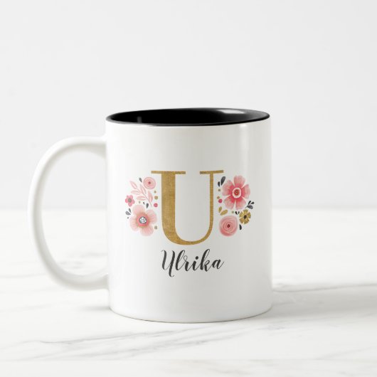 Monogram Roze Bloemen Initiaal Letter U Tweekleurige Koffiemok (Links)