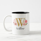 Monogram Roze Bloemen Initiaal Letter W Tweekleurige Koffiemok (Links)