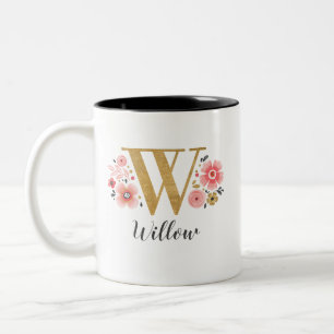 Monogram Roze Bloemen Initiaal Letter W Tweekleurige Koffiemok