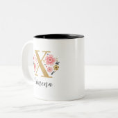 Monogram Roze Bloemen Initiaal Letter X Tweekleurige Koffiemok (Voorkant links)