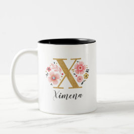 Monogram Roze Bloemen Initiaal Letter X Tweekleurige Koffiemok