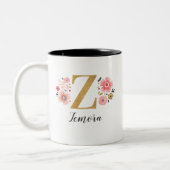 Monogram Roze Bloemen Initiaal Letter Z Tweekleurige Koffiemok (Links)