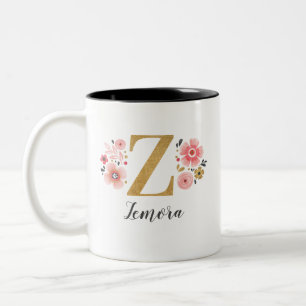 Monogram Roze Bloemen Initiaal Letter Z Tweekleurige Koffiemok