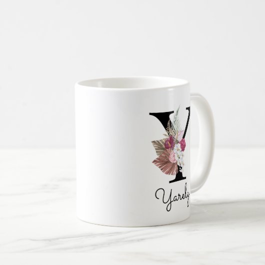Monogram Roze Bloemen Initiaal W Coffee Y Koffiemok (Voorkant rechts)