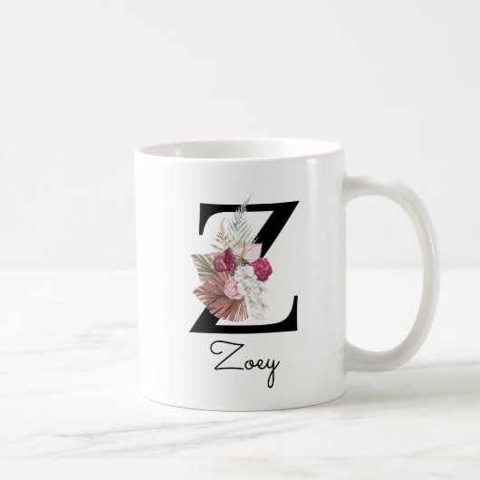 Monogram Roze Bloemen Initiaal W Coffee Z Koffiemok (Rechts)