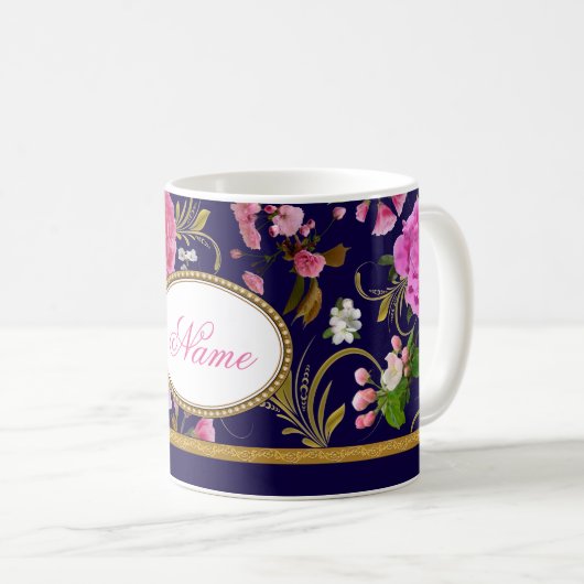 Monogram roze bloemen koffiemok (Voorkant rechts)