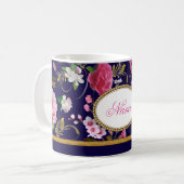 Monogram roze bloemen koffiemok (Voorkant links)