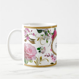 Monogram roze bloemen koffiemok