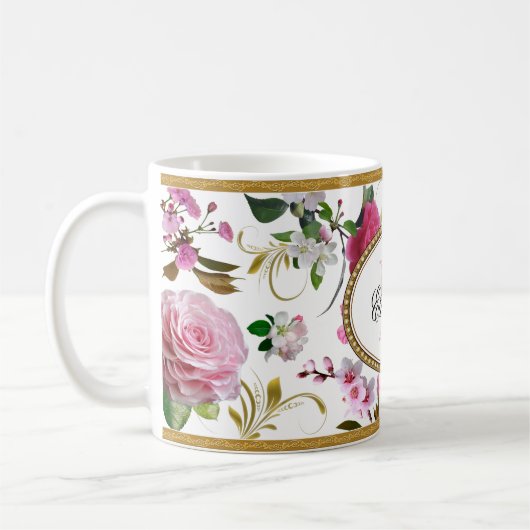 Monogram roze bloemen koffiemok (Links)
